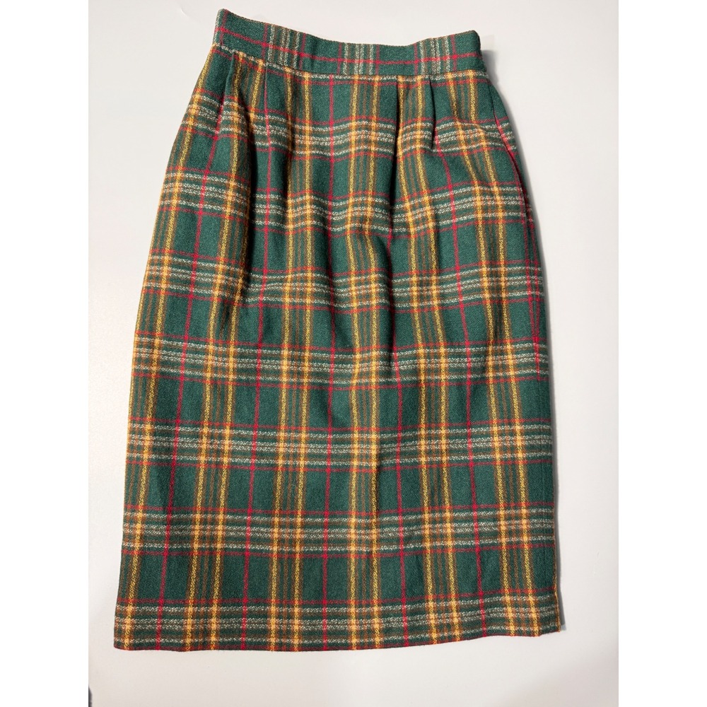 Vintage‎ 90s Leslie Fay Petite Green Plaid Wool Blend Midi Skirt 8P Preppy